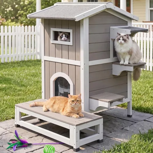 Vista 10 de PetsCosset Casa Aislada para Gatos de Exterior Resistente a la Intemperie con Aislamiento Integral de Dos Pisos de Madera Refugio para Gatos Ferales