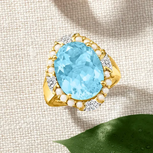 Vista 5 de Ross-Simons Anillo de topacio azul cielo de 11.00 quilates con diamantes y perlas de semillas de 0.10 quilates en oro de 18 quilates sobre plata