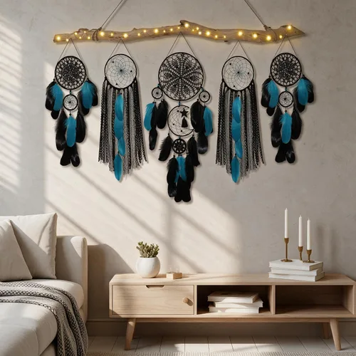 Vista 10 de Paquete de 5 atrapasueños para decoración de pared, diseño bohemio de luna y sol, juego negro