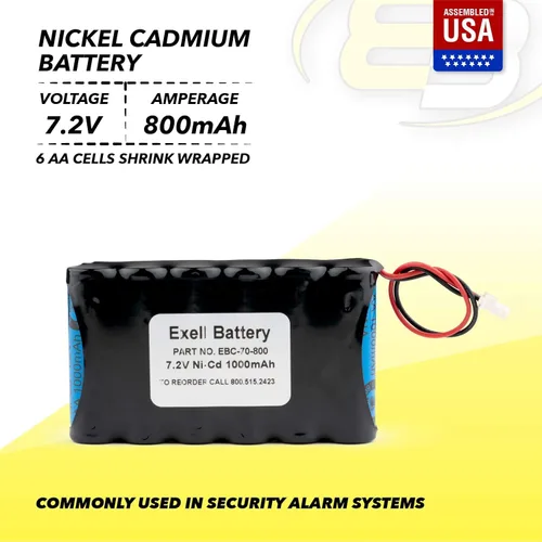 Vista 3 de Exell EBC-70-800 7.2V 1000mAh NiCd Batería para sistemas de seguridad de alarma