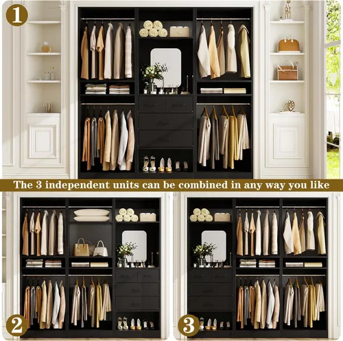 Vista 4 de Unikito Sistema de Armario Walk-in de 75 Pulgadas con 4 Cajones, Organizador de Armario de 6.3 Pies con Barras Colgantes y Diseño de Espejo, Armario