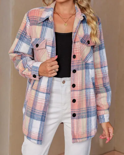 Vista 7 de luvamia Chaquetas a cuadros para mujer, de franela, acolchadas, de gran tamaño, con botones