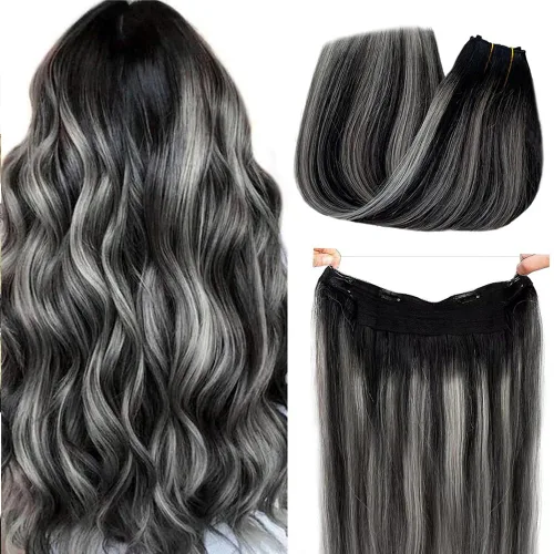 Vista 15 de Extensiones de cabello con alambre negro, extensiones de cabello balayage, extensiones de cabello con alambre de cabello humano, 14 pulgadas 70 g