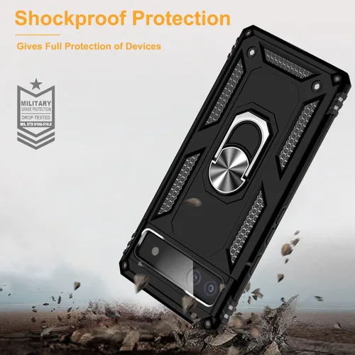 Vista 5 de Funda para Google Pixel 6a con protector de pantalla de vidrio templado [2 unidades], funda protectora de grado militar a prueba de golpes con Negro