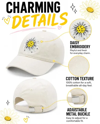 Vista 3 de Waldeal Sombrero de pickleball para mujer, gorra de béisbol bordada con margaritas Beige