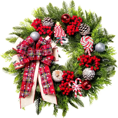 Vista 8 de Coronas de Navidad para puerta delantera, corona de puerta de Navidad artificial iluminada de 20 pulgadas con lazo de bola de piruletas de caramelo