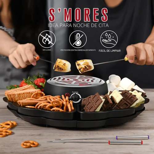 Vista 3 de Máquina eléctrica S'mores 2 en 1 y olla para fondue, kit de mesa para interiores con 4 tenedores para asar, 4 bandejas desmontables y 1 calentador