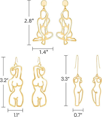 Vista 5 de Aretes colgantes de cara y cuerpo femenino, aretes de declaración estética dorada, joyería abstracta divertida para mujer
