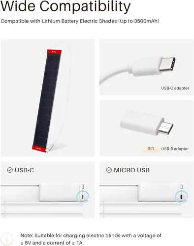 Vista 2 de 1 pieza Paneles solares 3.4 W 6 V de carga para persianas motorizadas con conector USB-C para cortinas operadas por batería de litio
