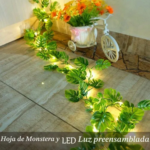 Vista 7 de Fielegen Guirnalda de 20 luces LED de hojas de Monstera, hojas de palmera tropicales artificiales, enredaderas verdes con luces, decoración