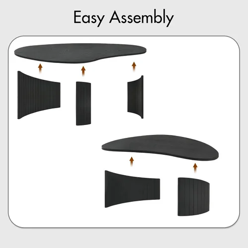 Vista 9 de Hyfirm Juego de mesa de centro anidable irregular negra con patas de madera estriada Tapas de chapa de fresno, patas de madera maciza acanaladas