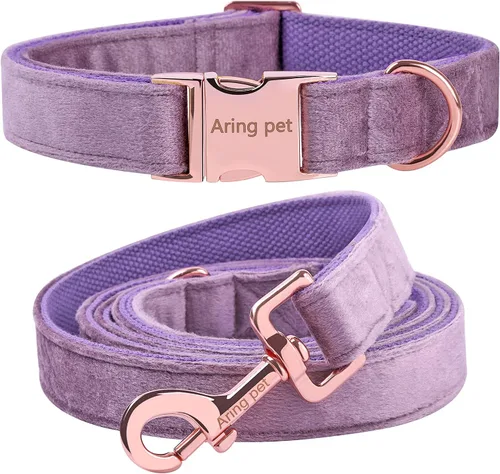 Vista 15 de ARING PET Collar y correa para perro, juego de collar y correa de terciopelo para perro, suave y cómodo, collares ajustables para perros