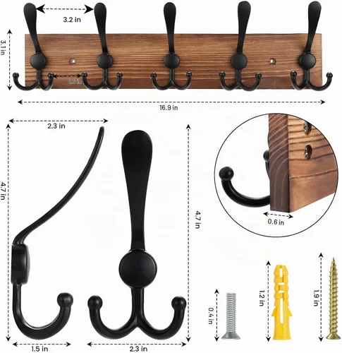 Vista 2 de Kuhome Perchero de madera para colgar sombreros de pared, tablón de madera real de pino de 16.9 pulgadas, color marrón, con 5 ganchos triples