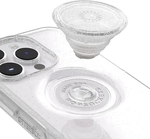 Vista 4 de OtterBox Funda transparente para iPhone 14 Pro Max (solamente) Otter + Pop Symmetry Series - Stardust POP (transparente/brillantina), PopSockets