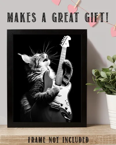 Vista 4 de Purrrfect - Póster sin marco de 11 x 14 pulgadas, arte de rockero felino, decoración de pared musical de guitarra eléctrica, ambiente clásico