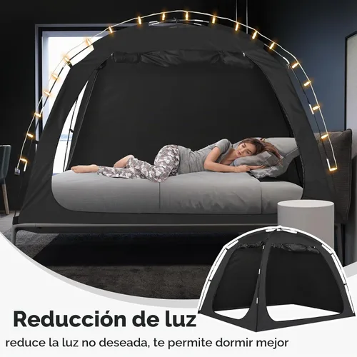 Vista 3 de EighteenTek Toldo de cama con luces, tienda de campaña de cama matrimonial Sleeping Dream, portátil, para habitación con corrientes de aire