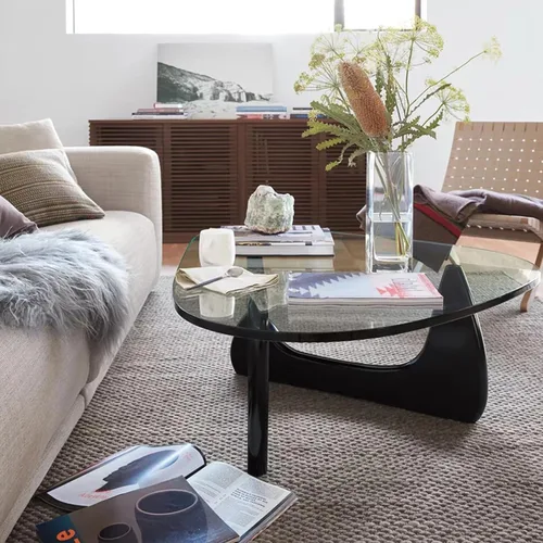 Vista 13 de Mesa de centro de cristal triangular moderna de mediados de siglo para sala de estar, mesa auxiliar minimalista para dormitorio, oficina y recepción