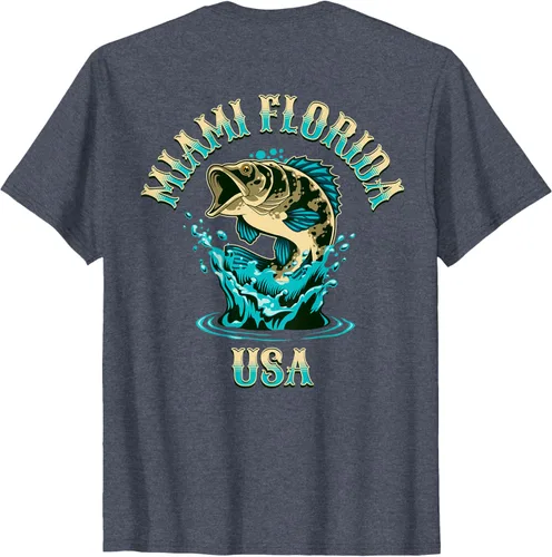 Vista 49 de Camiseta con diseño de pesca en la parte delantera y trasera de Miami Florida USA, Negro
