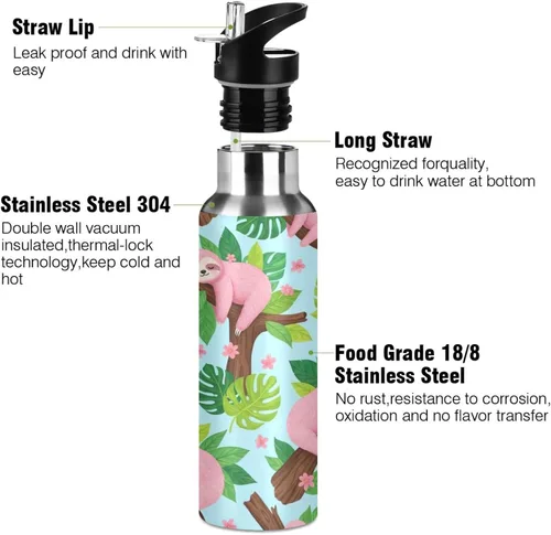Vista 3 de Insulated Water Bottle 32 Oz, Leakproof Water Bottles for Gym Outdoor Travel School, Cute Pink Sloths Green Leaves