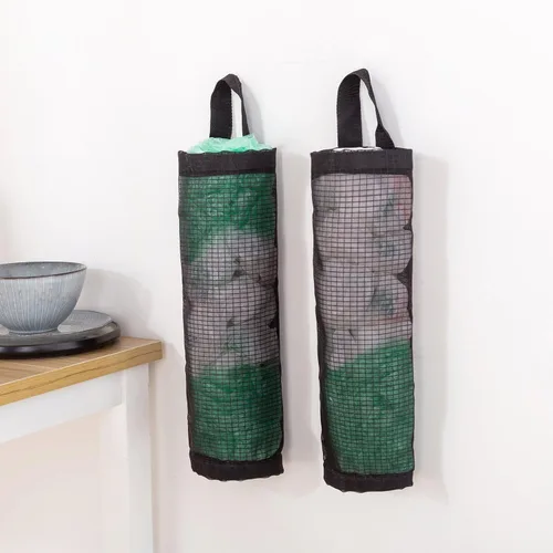 Vista 4 de Soporte para bolsas de plástico, 2 piezas de poliéster para bolsas de comestibles, dispensador de plástico, plegable, transpirable, lavable