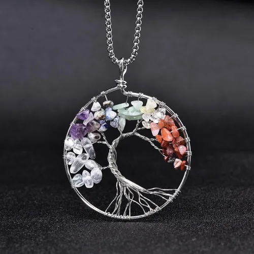 Vista 2 de ZPMMPZ Collar de árbol de la vida con cristales curativos naturales de 7 chakras, colgante de piedras preciosas, regalos familiares para mujeres