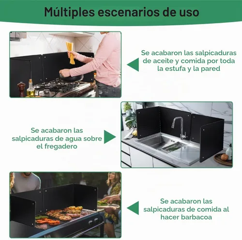 Vista 5 de Guardia contra salpicaduras negra grande de 2 piezas de 2 lados para freír en la estufa, protector contra salpicaduras de aceite para cocinar