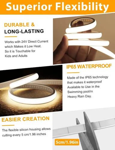 Vista 5 de Lamomo COB - Tira de luces LED, 9.84 pies, color blanco natural, regulable, autoadhesiva, con control remoto, flexible, cortable, impermeable, 4000