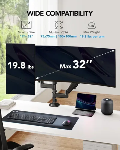 Vista 2 de HUANUO Soporte de monitor dual de 17 a 32 pulgadas, soporte vertical para monitor doble, soporte para monitor 2 monitores, inclinación