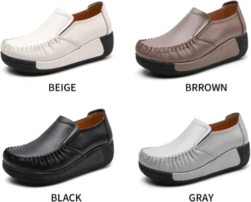 Vista 8 de Mocasines de cuero con plataforma para mujer, transpirables, antideslizantes, con buen arco, para enfermera, para caminar y caminar