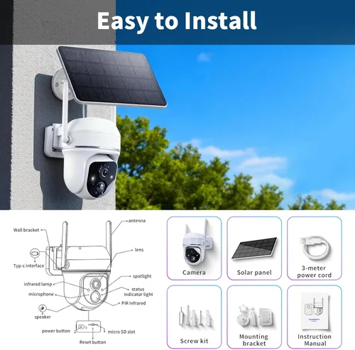 Vista 9 de Cámara inalámbrica de seguridad solar de 3 MP con visión de 360 ° con batería solar, cámara WiFi con detección de movimiento AI/conversación de 2