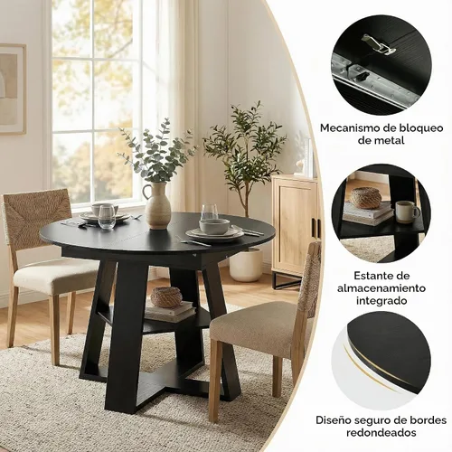 Vista 6 de Juego de 4 mesas de comedor redondas de 5 piezas para 4, 43.3 a 59 pulgadas, extensibles, redondas a ovaladas, juego de 4, mesas de comedor de Mesa