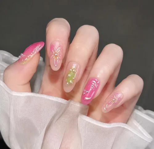 Vista 84 de Uñas postizas a presión medianas con diseño geométrico blanco almendra – 24 uñas postizas reutilizables de ABS brillante, fácil de aplicar, juego