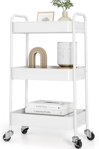 Vista 18 de TOOLF Carrito de metal de 3 niveles con ruedas, carrito organizador de almacenamiento para cocina, baño, oficina, artículos esenciales para bebés