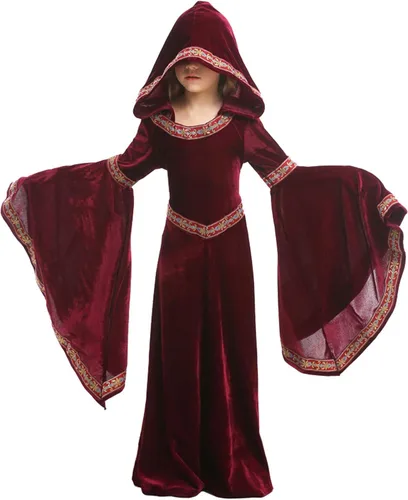 Vista 4 de RABISS Disfraz de princesa medieval con capucha para niños, disfraz de feria renacentista, disfraz de niña