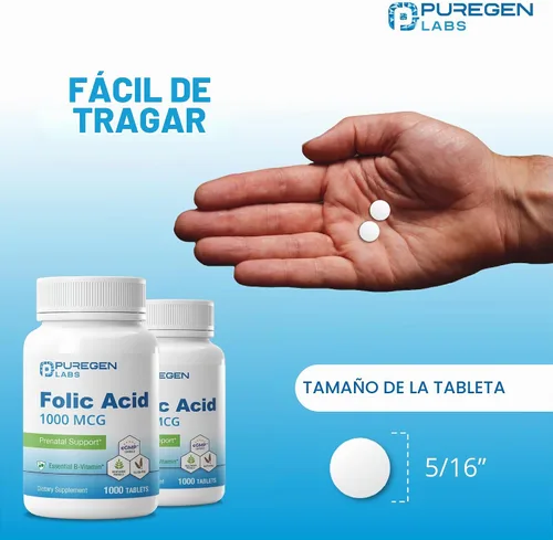 Vista 5 de Puregen Labs - Tabletas de ácido fólico de 1000 mcg Vitamina B9 Sin OMG Sin gluten Tamaño de valor de 1000 comprimidos