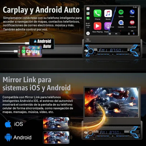 Vista 2 de Estéreo de automóvil de un solo DIN compatible con Apple Carplay y Android Auto, pantalla táctil HD plegable motorizada con flip de 7 pulgadas