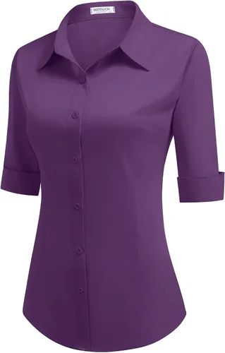Vista 9 de HOTOUCH Camisa de manga 3/4 con botones para mujer, blusas de trabajo ajustadas, camisas de vestir de algodón, camisas de oficina Negro