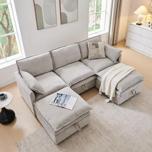 Vista 8 de Sofás modulares de nube seccionales de 85.83 pulgadas para sala de estar, sofá modular moderno con otomana de almacenamiento, sofá de nube de Beige