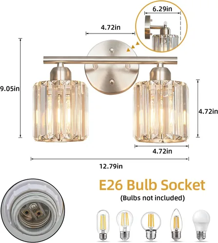 Vista 3 de Moderna lámpara de tocador de cristal de 2 luces, lámpara vertical de baño de níquel cepillado sobre espejo para tocador y lavabo, compatible