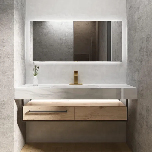 Vista 7 de Grifo de baño de cascada de latón con boquilla rectangular extragrande, placa de cubierta, conjunto de drenaje emergente y mangueras de suministro