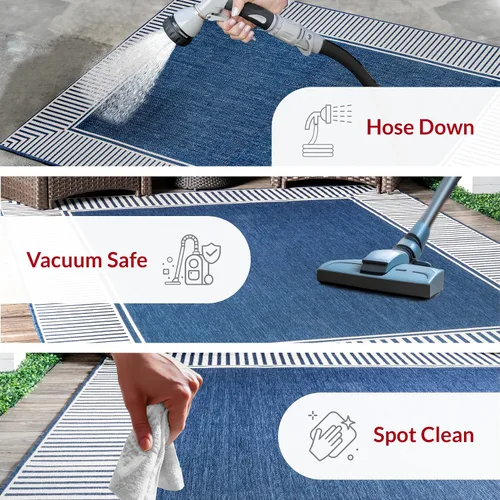 Vista 6 de nuLOOM Tapete de área para exteriores, diseño informal con borde a rayas, resistente a las manchas, altamente duradero, para patio, balcón, Azul