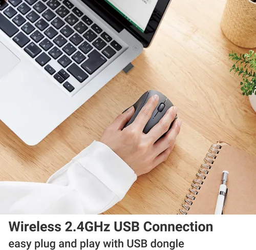 Vista 4 de ELECOM Ratón inalámbrico con forma ergonómica, 2.4 GHz con receptor, clic silencioso, duración de la batería de 20 meses, 2000 DPI, 3 botones