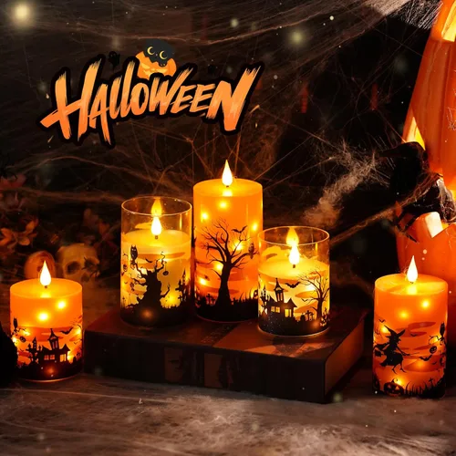 Vista 4 de Sasigeiaa - Velas sin llama de Halloween con control remoto - Velas LED naranjas y luces de cadena, juego de 3 que funcionan