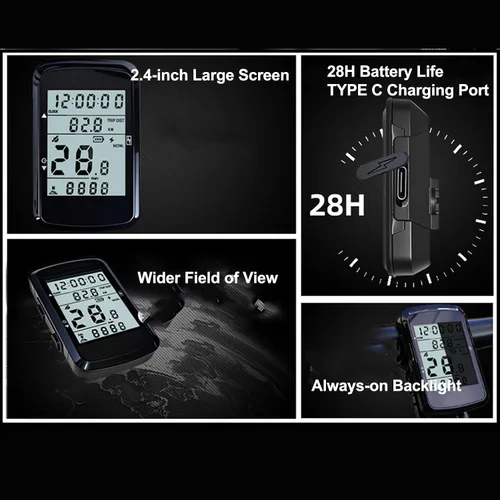 Vista 2 de Computadora de bicicleta GPS, computadora de ciclismo inalámbrica con pantalla 2.4, retroiluminación, velocímetro odómetro de bicicleta, 28 horas