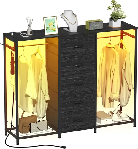 Vista 9 de Espelism Cómoda para dormitorio con perchero, cómoda de 5 cajones con estación de carga, luces LED, cómoda blanca, estante flexible y espacio