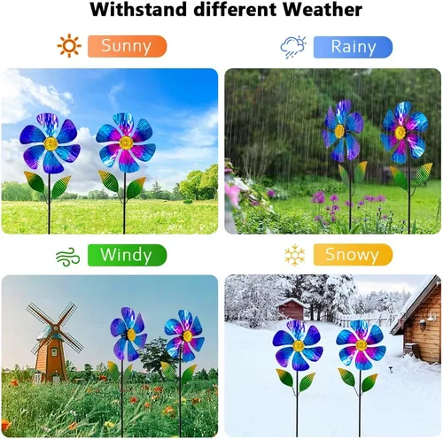 Vista 5 de Viveta Paquete de 2 molinos de viento de jardín, molino de viento de metal de flores de 35.4 pulgadas, escultura de viento rosa y azul, molinetes