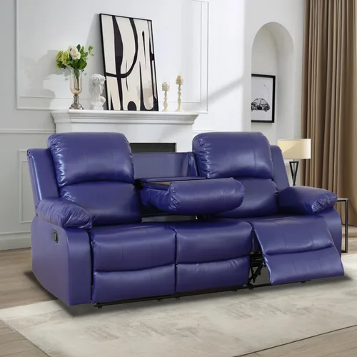Vista 18 de Juego de Muebles para Sala de Estar, Juego de Sofá Reclinable Manual, Juegos de Sofás Reclinables de Cuero Beige con Mesa Desplegable, Sofá