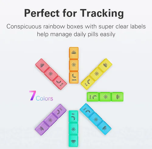 Vista 6 de Pastillero semanal con 7 días, para tres veces al día con estuche transparente, medicina para vitaminas de aceite de pesacado, arcoiris