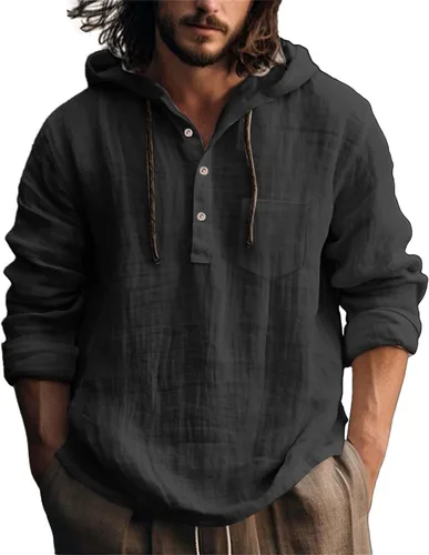 Vista 33 de Camisas de lino para hombre, ligeras, con botones, de manga larga, con capucha, ajuste regular, de algodón, para la playa