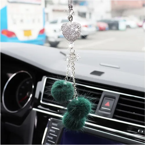 Vista 10 de Ziciner Accesorios de Interior de Coche con Diamantes Brillantes en Forma de Corazón - Adorno Colgante de Corazón y Bola de Felpa Rosa, Encanto